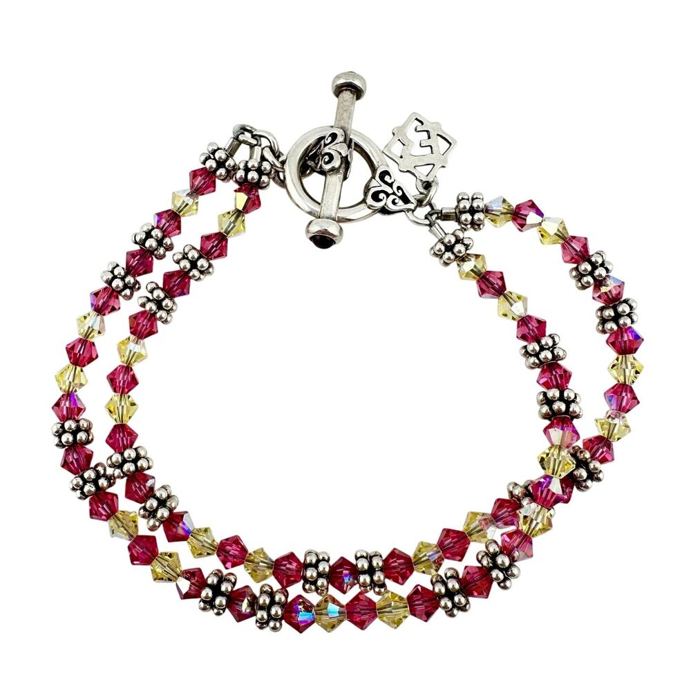 925 Sterling Silver Pink Yellow Crystal Beaded Double Strand 6.5" Bracelet